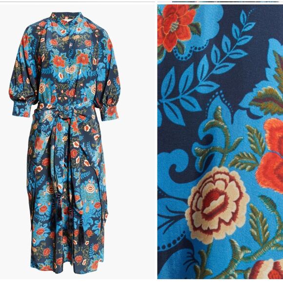 $298 NWT FARM RIO Blue & Red Arabesque Floral Midi Dress –  Medium - Picture 3 of 13